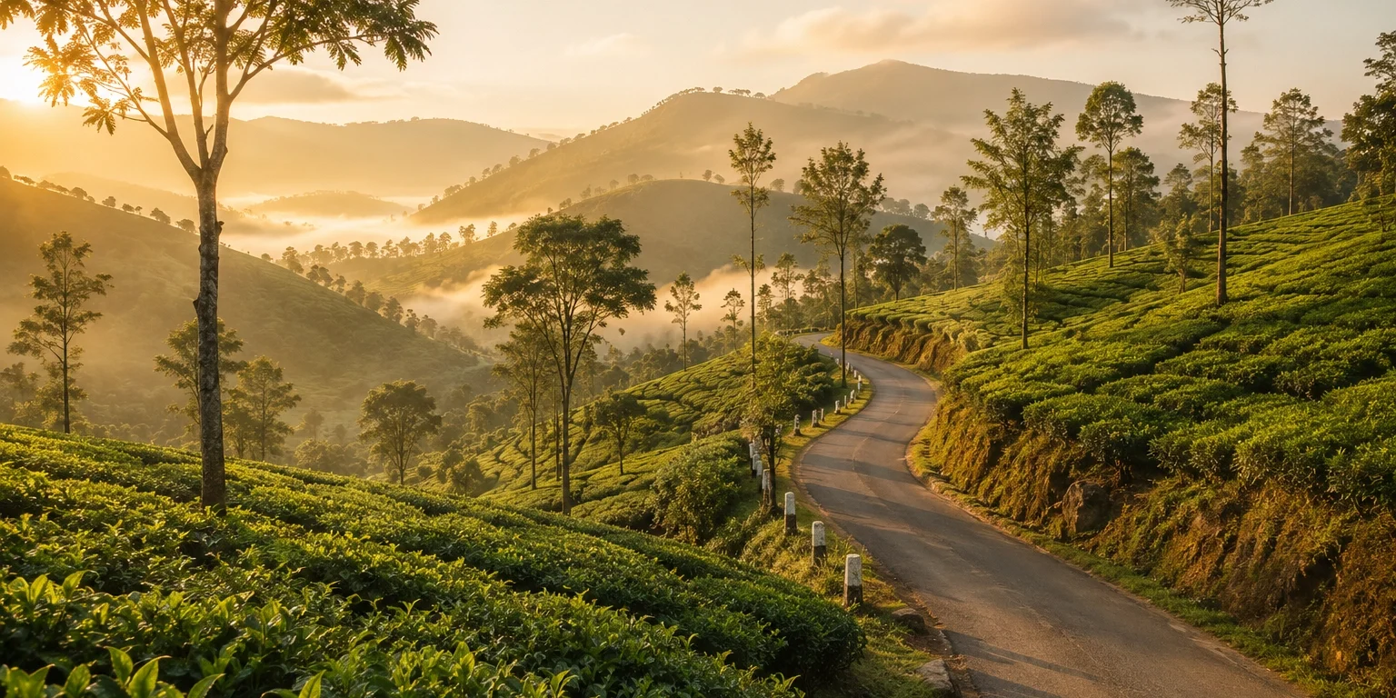 photograph of a Sri Lankan tea plantation in the hill country at golden hour photograph of a Sri Lankan tea plantation in the hill country at golden hour