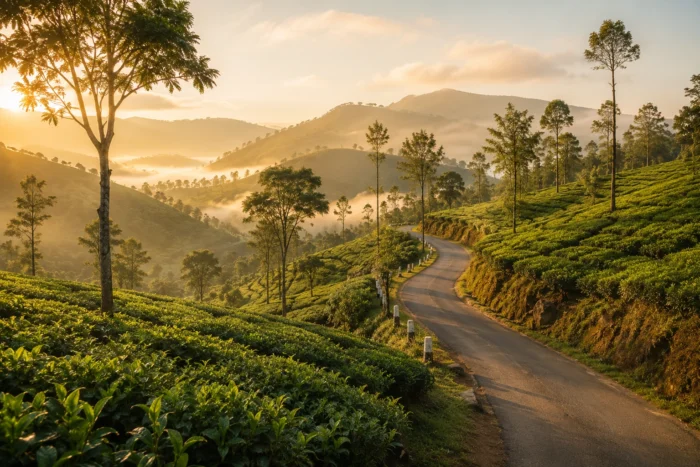 photograph of a Sri Lankan tea plantation in the hill country at golden hour